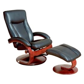 Mac Motion Chairs Swivel Recliner with Ottoman, Black Top Grain Leather with Merlot Wood Frame