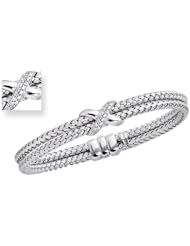 7.25" 14K White Gold 7.2mm (2/7") Round Tube Double Basket Weaved Diamond Accent w/ 0.18ct Diamond Fancy Bangle Bracelet w/ Fancy Clasp
