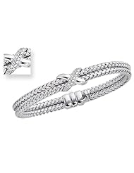 14K White Gold 7.25" 7.2mm Round Tube Double Basket Weaved Diamond Accent With 0.18Ct Diamond Fancy Bangle With Fancy Clasp
