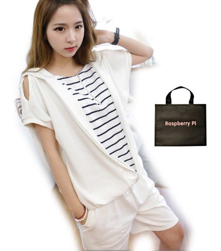 (ラズベリーパイ)RaspberryPi レディース ライト パーカー ショートパンツ 上下セット ホワイト ボーダー L M オリジナルエコバッグセット st350