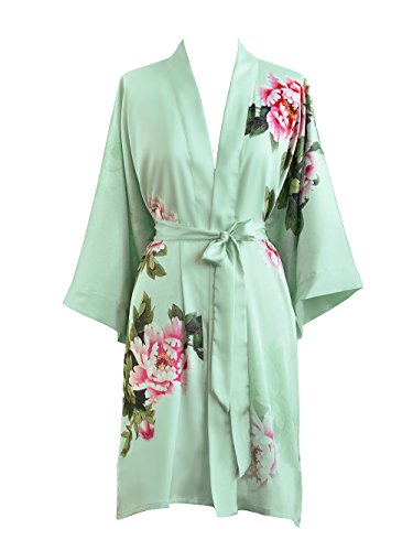 Old Shanghai Women's Print Kimono Short Robe - Floral, peony & bird- celedon