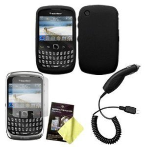 BlackBerry Curve 3G 9330 / 9300 / 8520 / 8530 Black Silicone Case, LCD Screen Guard / Protector & Car Charger Combo