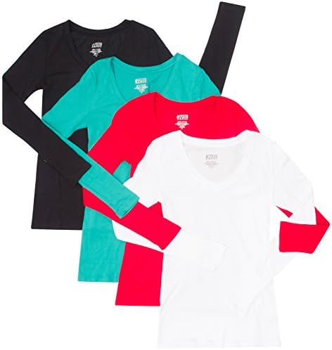 4 Pack Active Basic Women's Basic V-Neck Tee Med Black, White, Green, Red