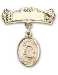 14K Gold Baby Badge with St. Joshua Charm and Arched Polished Badge Pin