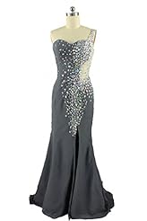 Sexy Slit Crystal Chiffon One Shoulder Mermaid Evening Dress/Homecoming Dress/Prom Dress/Wedding Party Dress 