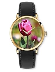 SPRAWL Aanalog Fashion Series Gold Ladies Watches of Genuine Black Leather Strap,Unique Wrist Watch for Women Girls Designed with Tulips red