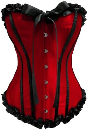Chicastic Satin Ruffles Corset With Lace Up Back & Strong Boning Bustier - Red Medium