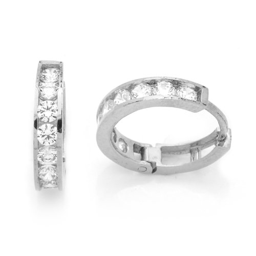 14K White Gold 2.5mm Huggie Hoop Earrings 13mm Diameter CZ Earrings