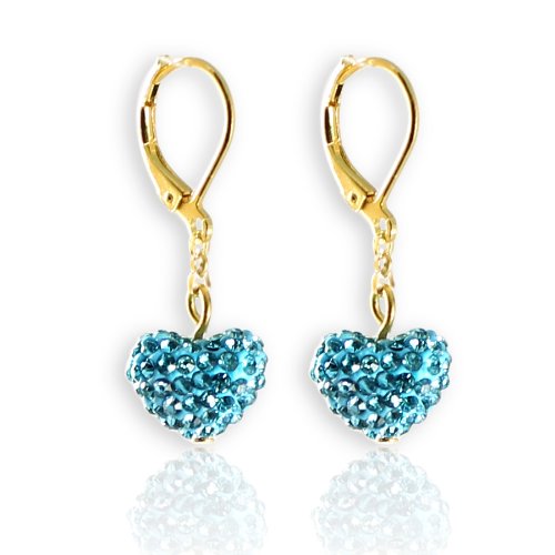 Young Girls Jewelry: Fashion Jewelry for Girls, 14K Gold Plated Heart Leverback Earrings - Teal Dangle Earrings for Kids