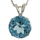 14k White Gold 8mm Round Blue Topaz 4-Prong Pendant, 18"