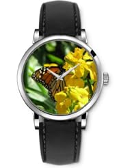 SPRAWL Aanalog Fashion Series Silver Ladies Watches of Genuine Black Leather Strap,Unique Wrist Watch for Women Girls Designed with Butterfly on yellow flower