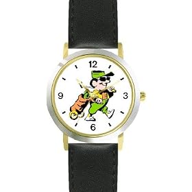 Golfer with Golf Bag (Caricature) - Golf Theme - WATCHBUDDY® DELUXE TWO-TONE THEME WATCH - Arabic Numbers - Black Leather Strap-Children's Size-Small ( Boy's Size & Girl's Size )
