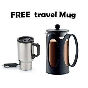 Bodum New Kenya 34-Ounce Coffee Press, Black - With FREE 16 oz. Stainless Steel 12V Heated Travel Mug
