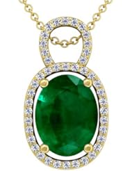 14K Yellow Gold Oval Cut Emerald And Round Diamond Pendant