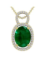 18K Yellow Gold Oval Cut Emerald And Round Diamond Pendant