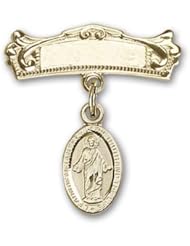 14K Gold Baby Badge with Scapular Charm and Arched Polished Badge Pin