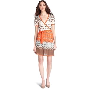 BCBGMAXAZRIA Ladies Chevron Knit Wrap Dress,Bright Orange Combo,Small