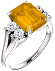 14K White Gold 10.00x8.00mm Emerald Cut Citrine and Diamond Ring -- LIFETIME WARRANTY
