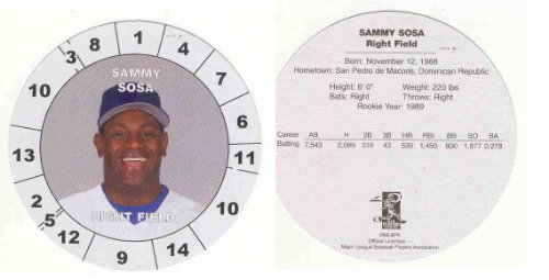 Cadaco All Star Baseball Game Card Disc Sammy Sosa Chicago Cubs