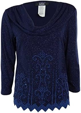 MSK Women's Glittered Cowl Beaded Jersey Blouse (L, Navy/Silver)