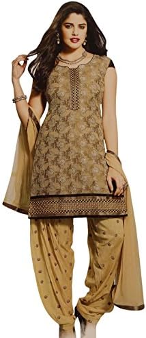 Straight Beige Salwar Kameez Chanderi Cotton Suit Fabric Punjabi Style Dress