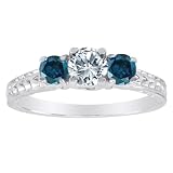 Platinum 3 Stone Diamond and Blue Diamond Accented Engagement Ring With Cobra Design Shank (1 cttw)