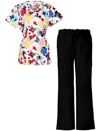 G Med Women's Mock Wrap Printed Top and Pant Scrub Set 2 Pieces Set Back Tie(SET-MED,BLKA4-XL)