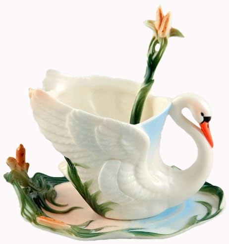 Choholete Porcelain Ceramic Tea Coffee Cup Set Elegant White Swan 1 Cup 1 Saucer 1 Spoon Deep Green