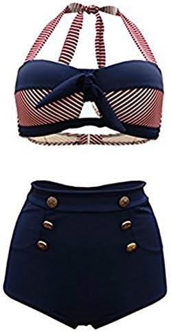 TaoKing Fashion Retro Stripe High Waist Bikini Halter Swimsuit