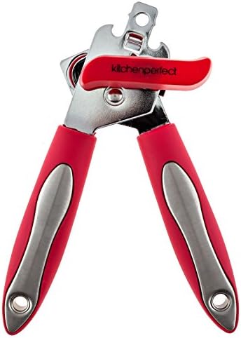 Deluxe Manual Can Opener and Tin Opener Safety Cut Smooth Edge By Kitchen Perfect, Red