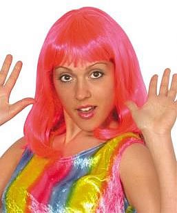 Cheerleader Party Wig (shoulder bob with fringe) - Neon Pink