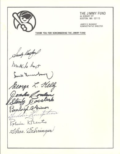 10 Hall of Famers Autographed/Hand Signed Team-Sheet Hank Greenberg, Sandy Koufax, Coveleski & Gehr
