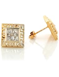 14k Two Toned Gold White CZ Cluster 1.24cm Square Greek Post Earrings