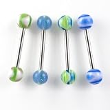 5 Pack-14G Surgical Steel Tongue Barbells: 4 Blue/Green Designs-1 Retainer-in Hinged Gift Box