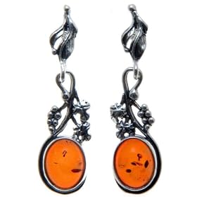 Certified Genuine Cognac Amber and Sterling Silver Grape-vine Earrings by 