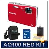 Samsung AQ100 12 MP Digital Point and Shoot Camera (Red), Waterproof to 10', 5x, 35-175mm Equivalent Zoom, Records 720p Video Underwater or On Land, Aqua Mode Setting f/Underwater Shots, Deluxe Carrying Case, 4 GB Memory Card, 3 Pcs. Lens Cleaning Kit
