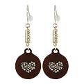Sterling Silver Wood Resin Cz Heart Drop Earring - Brown