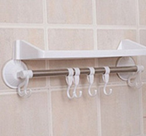 Bath Towel Hooks Plastic Bathroom Suction Cup Shelf Rack Storage Shower Toilet Wall Corner Holder 36cm X 10.5cm X 13cm 1 Pcs (White)