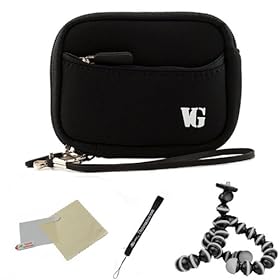 BLACK WITH BLACK TRIM Neoprene Protective Durable Mini Glove Pouch For Nikon D300S / D3100 / D3200 / D3X / D4 / D5100 / D700 / D7000 / D800 / D800E / D90 / J1 / V1 Compact Point and Shoot Digital Photo Camera + Includes a Universal Anti-Glare Screen Protector Guard + Includes 6 Inch Mini Tripod + In