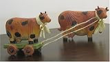Decorative Hand Carved Farm Animals - Cow and Calf on a Cart. Great Gift Idea