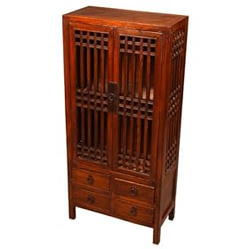 Handcarved 50 Storage Display Curio Cabinet With Carved Panels and Redwood Finish by AsiaEXP