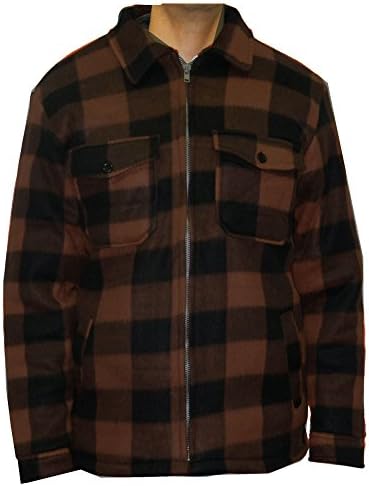 Woodland Trails Men's Heavy Warm Fleece Sherpa Lined Zip Up Buffalo Plaid Barn Jacket,Large,Brown