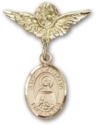 Gold Filled Baby Badge with St. Anastasia Charm and Angel with Wings Badge Pin