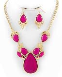 Matte Goldtone Fuschia Acrylic and Rhinestone Necklace and Earring Set
