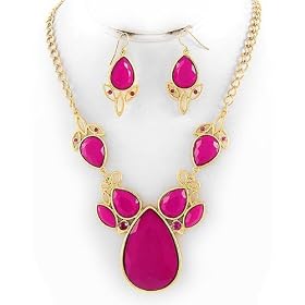 Matte Goldtone Fuschia Acrylic and Rhinestone Necklace and Earring Set: Jewelry
