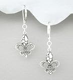Fancy Fleur De Lis Antiqued Silver Dangle Earrings (00-2)