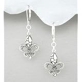 Fancy Fleur De Lis Antiqued Silver Dangle Earrings (00-2)