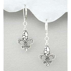 Fancy Fleur De Lis Antiqued Silver Dangle Earrings (00-2)