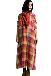 Cotton/Linen Long Sleeves Plaid Print Spring 2015 Maxi Dress 