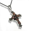 Sterling Silver Red Garnet and Marcasite Cross Pendant with Antiqued 18" Chain Necklace